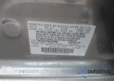 2017 Nissan Versa 1.6 S/1.6 S+/1.6 Sl/1.6 Sv from USA, damaged, VIN 3N1CN7AP3HL878980